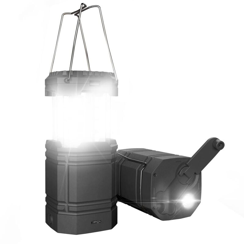 Lanterne Solaire de Camping à Manivelle, Lampe de Poche led Portable Ultra Lumineuse, Batterie 3000mAh et Autonomie 30-35 h, Charge Port usb &