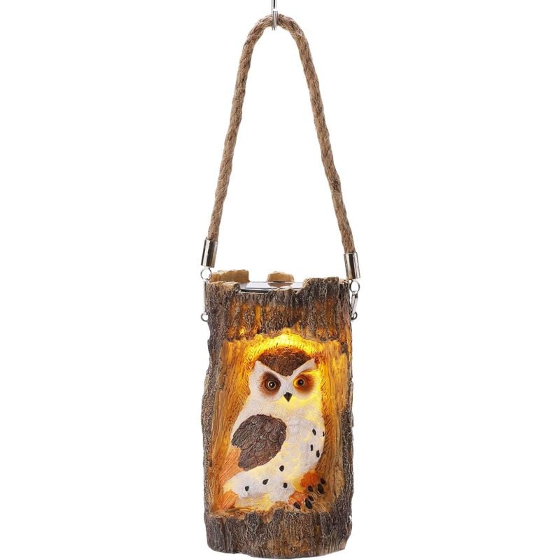 Lanterne solaire de jardin, lampe solaire à suspendre avec corde, lampe d'extérieur étanche en forme de souche de hibou pour terrasse, cour, allée,