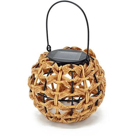 Lanterne Solaire Décorative en Rotin - Éclairage Extérieur Étanche avec Poignée - Style Boho et Rustique pour Jardin, Terrasse, Porche ou Clôture