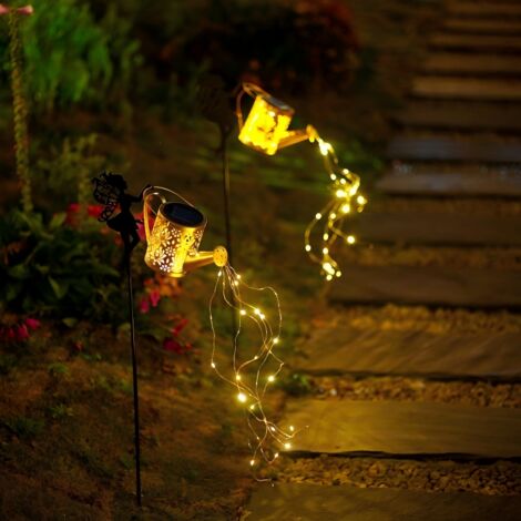 Lanterne solaire en fer forgé avec motif floral, arrosoir et fée, décoration pour jardin terrasse et porche, lumière chaude, couleur cuivre, hauteur 83 cm