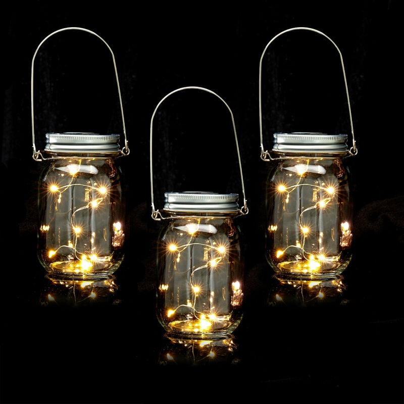 Lanterne solaire en lot de 3, huit led, avec anse, détecteur crépusculaire, HxD : 13 x 8 cm, transparent - Relaxdays