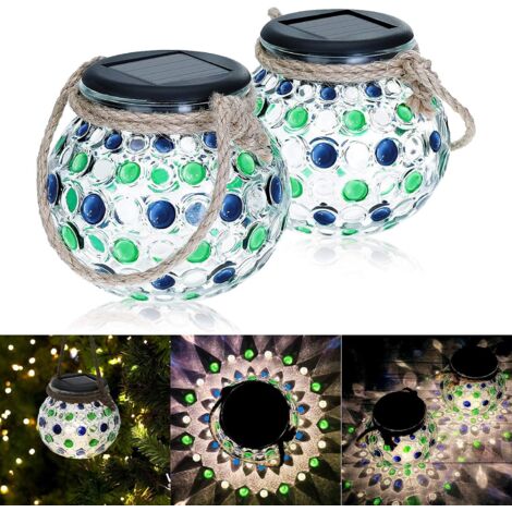 Lanterne Solaire Extérieur, 2 Pièces Lampe Solaire en Verre LED Boule Lumières Solaire en Pot Mason IP44 Etanche Lampe de Jardin Lampe Suspendue Pot Lumière à l'extérieur décorative