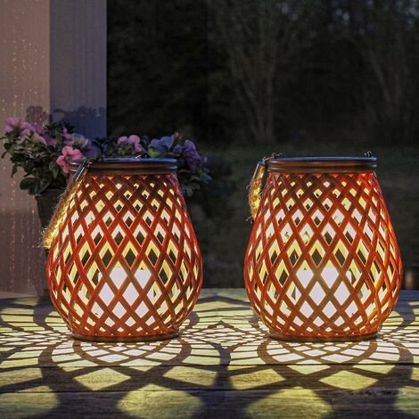 Lanterne Solaire Exterieur Set de 2 Pièces Lanterne Rotin Lampe Solaire Balcon decorative