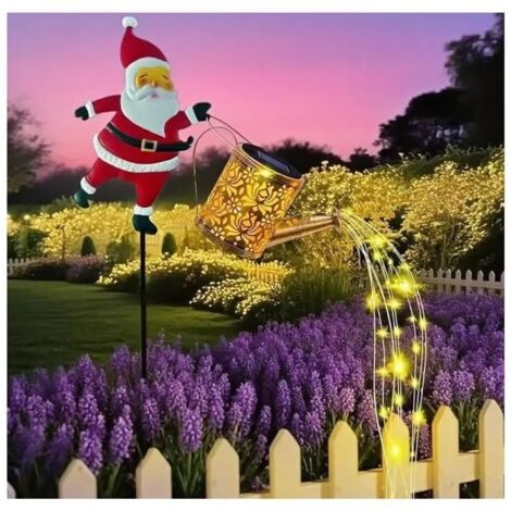 Lanterne Solaire Extérieure Arrosoir, Décoration Noël avec Support Père Noël, Lampe Solaire Étanche à LED.