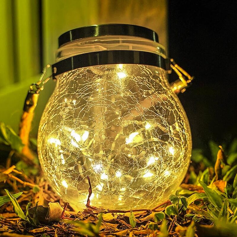 Lanterne solaire extérieure, lumière chaude, Lanternes solaires en verre craquelé pour jardin, Lumière solaire avec support amovible, Pelouse, Noël,