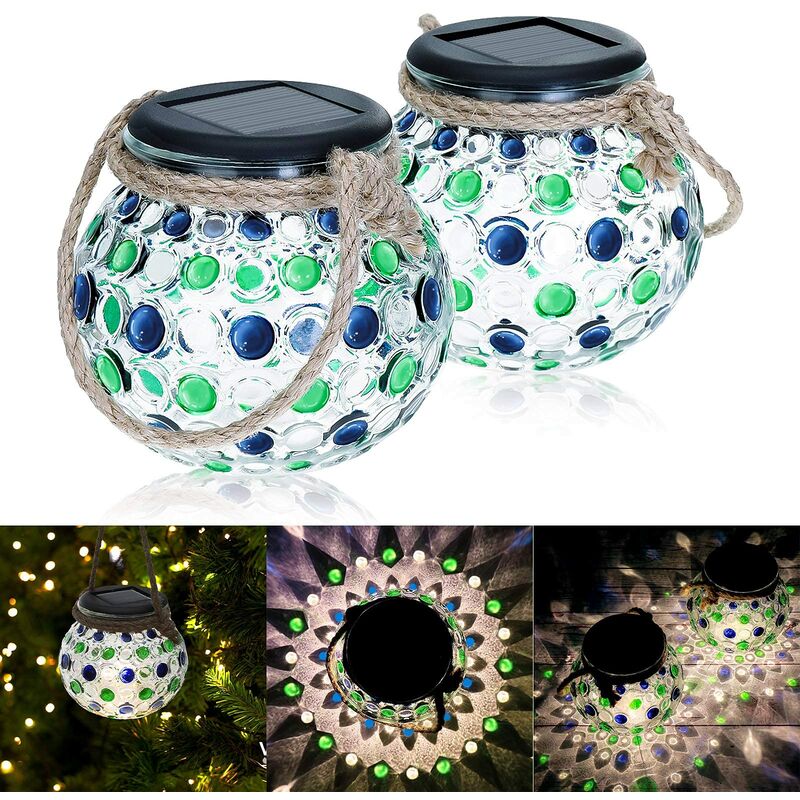 Lanterne Solaire Extérieur, 2 Pièces Lampe Solaire en Verre led Boule Lumières Solaire en Pot Mason IP44 Etanche Lampe de Jardin Lampe Suspendue