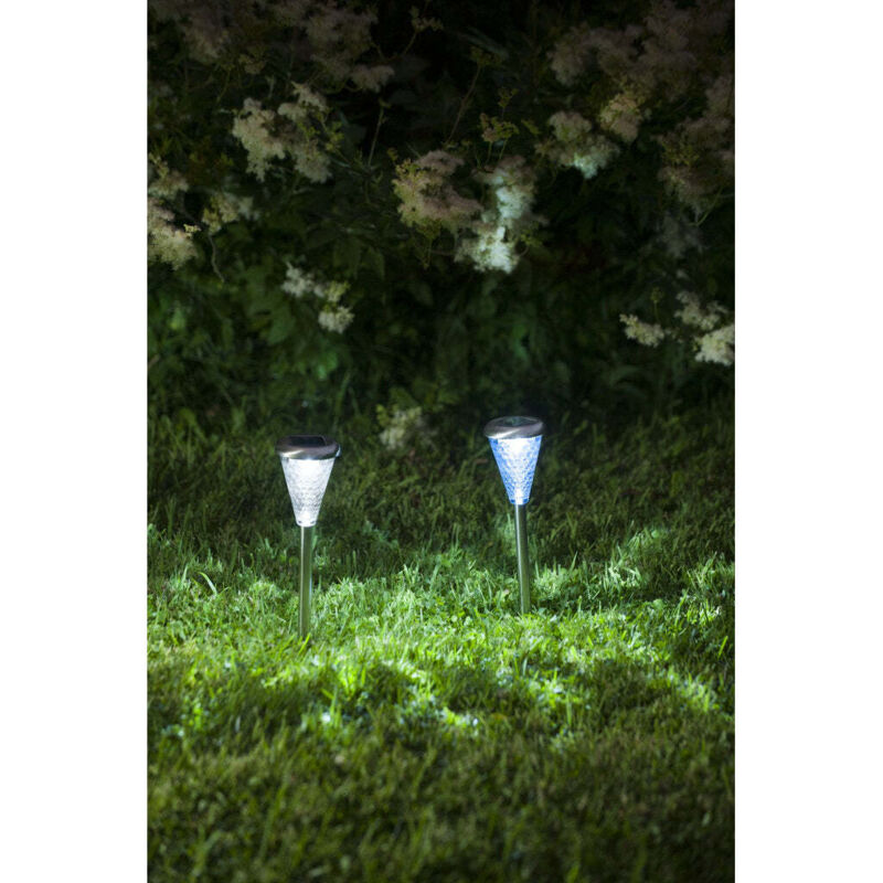 Lanterne solaire inox 37 cm, verre martelé, lumière blanche ou multicolore, parfaite en bordure