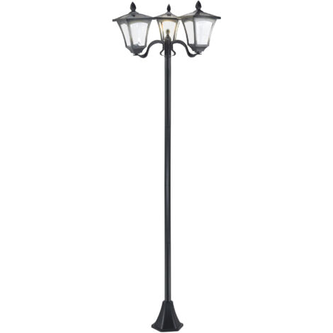 Lanterne solaire jardin 51,5x47x182,5cm 3 flammes LED 120 lumens IP44,structure acier inoxydable éclairage extérieur noir.