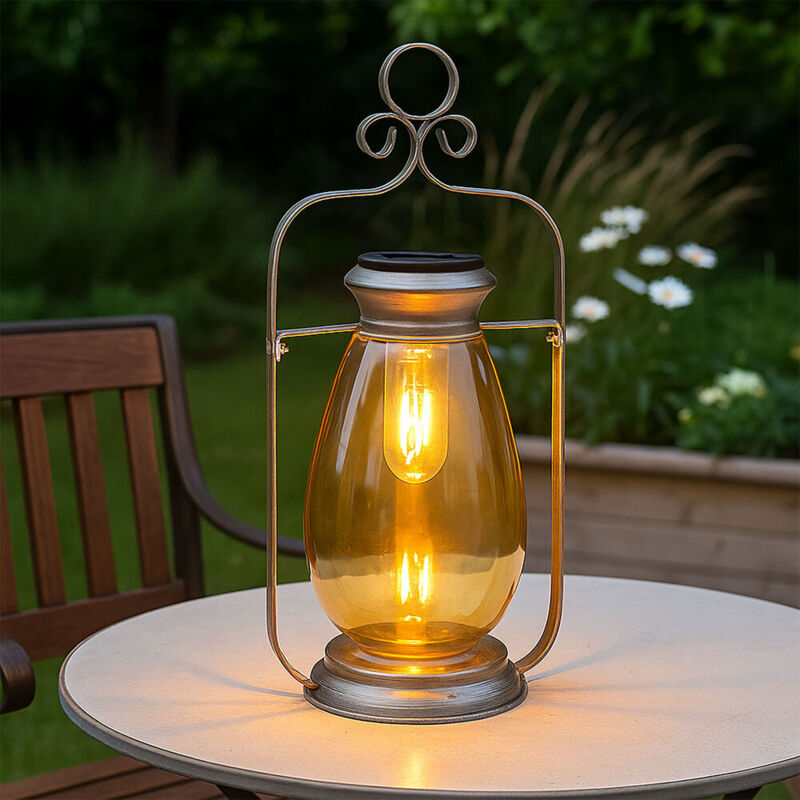 Lanterne solaire led, lampe d'extérieur, décoration de jardin, lampe de balcon, métal verre ambre argent, batterie IP44 résistante aux intempéries,
