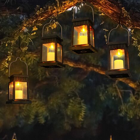 Lanterne solaire Lot de 6 lanternes solaires à suspendre, bougies scintillantes à effet de flamme LED, éclairage décoratif blanc chaud avec piquets pour terrasse, jardin, pelouse, terrasse, tente, arbre, cour - étanche