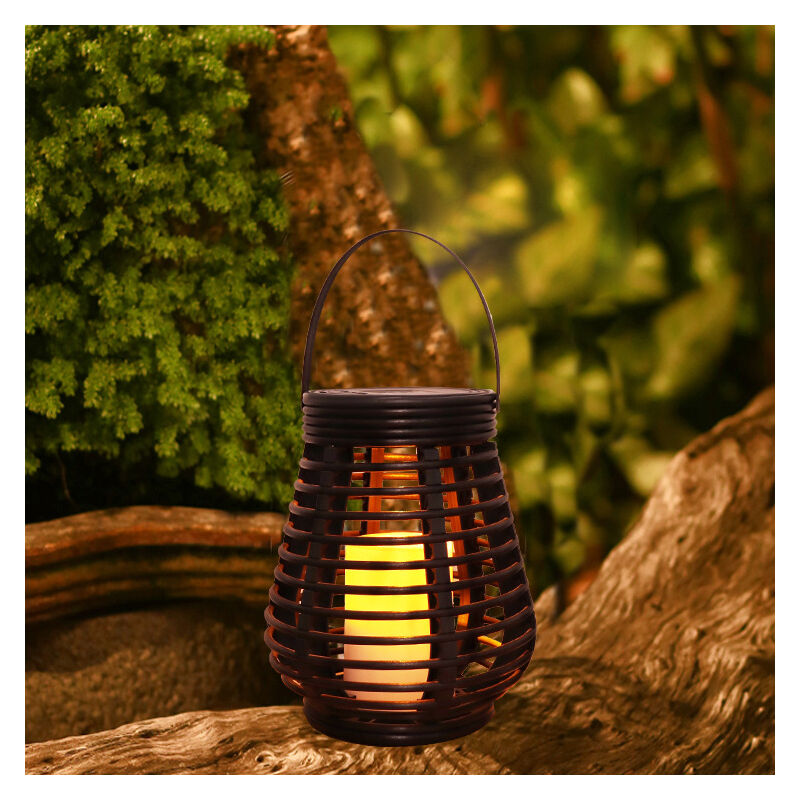 Hyy Ar - Lampe Solaire Lanterne Set Rotin Effet Marron Brun Plastique Marbré 1Pièces Forme de Larme et Ronde pour l'Extérieur led Eclairage Décoratif