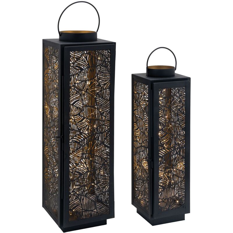 Aubry Gaspard - Lanternes en métal laqué noir carrée motif feuilles (Lot de 2)
