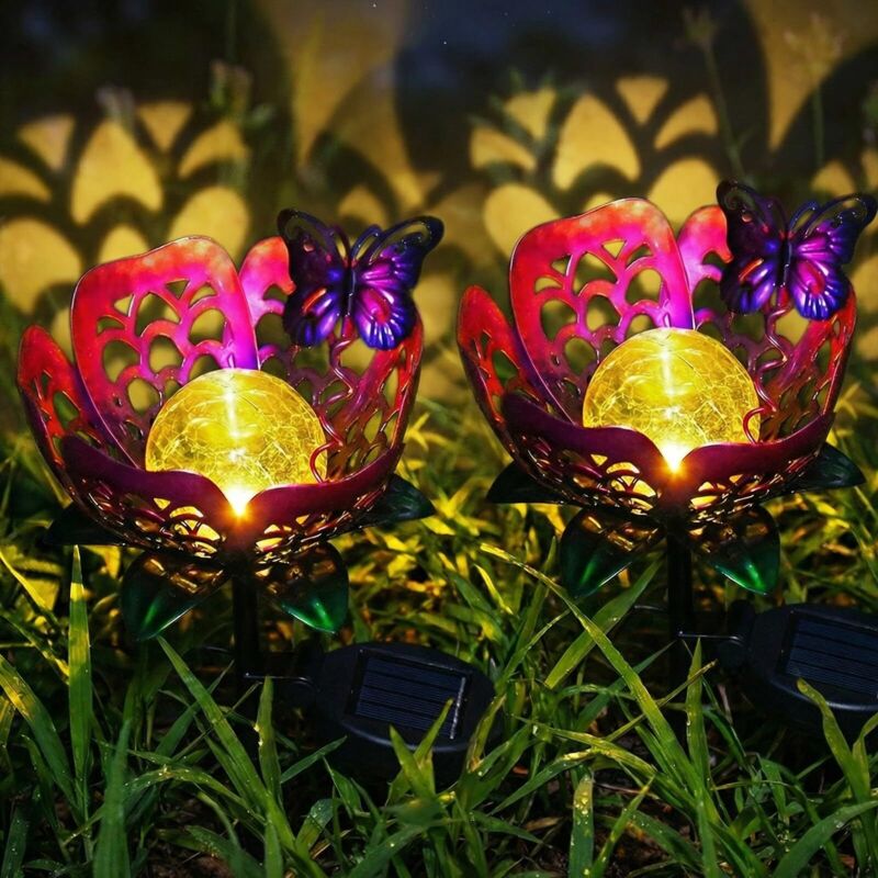 Lampe solaire extérieure de fleur de papillon pourpre, lampe de décoration de fleur en métal de verre fissuré, appropriée au sol de passerelle de