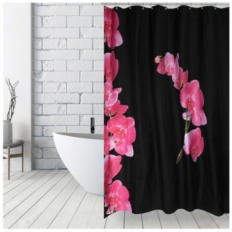 LANYU Cortina de Ducha de Poliéster 180x200cm Estampado de Flores Negras y Rosas - Anillas Incluidas MSV