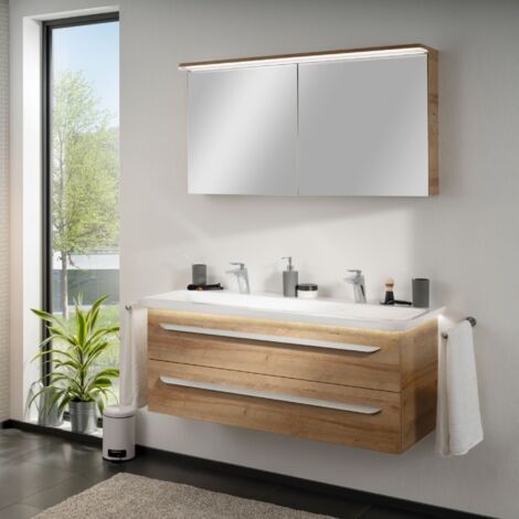 Lanzet M9 Badmöbel Set 4-teilig, 130cm breit, Hellbraun, mit LED + LED Spiegelschrank"-"90141145