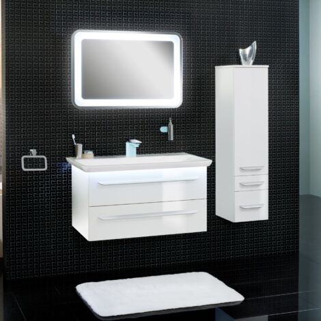 Lanzet M9 Badmöbel Set 5-teilig, 100cm breit, Weiß, LED Spiegelelement + Midischrank"-"90132145