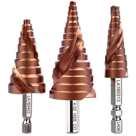 LAOA – 3 Pcs Forets Etagés avec Tige Hexagone 3-13mm/4-22mm/4-32mm, Triangle Conique Titane, HSS-CO M35, outil électrique, rainuré en spirale, foret étagé en acier et métal