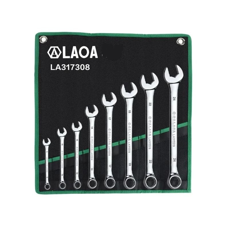 Jeu de 8 clés mixte avec sac, Kit d'outils à extrémité cannelée à extrémité ouverte 8/10/12/14/16/18/20/22/24 mm - Laoa