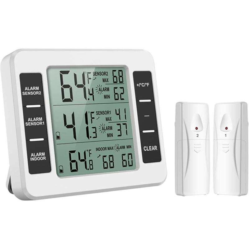 Thermomètre de Frigo Congelateur, Thermomètre de Réfrigérateur Sans Fil avec 2 Capteurs, Alarme Sonore, Min/Max pour Maison Cuisine Restaurant - Laoa