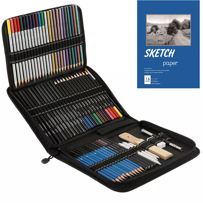 

Lapices de dibujo profesionales y juego de bocetos que incluye boceto a lapiz de colores, carbon, pastel, sacapuntas, borrador, papel, guante, bolsa