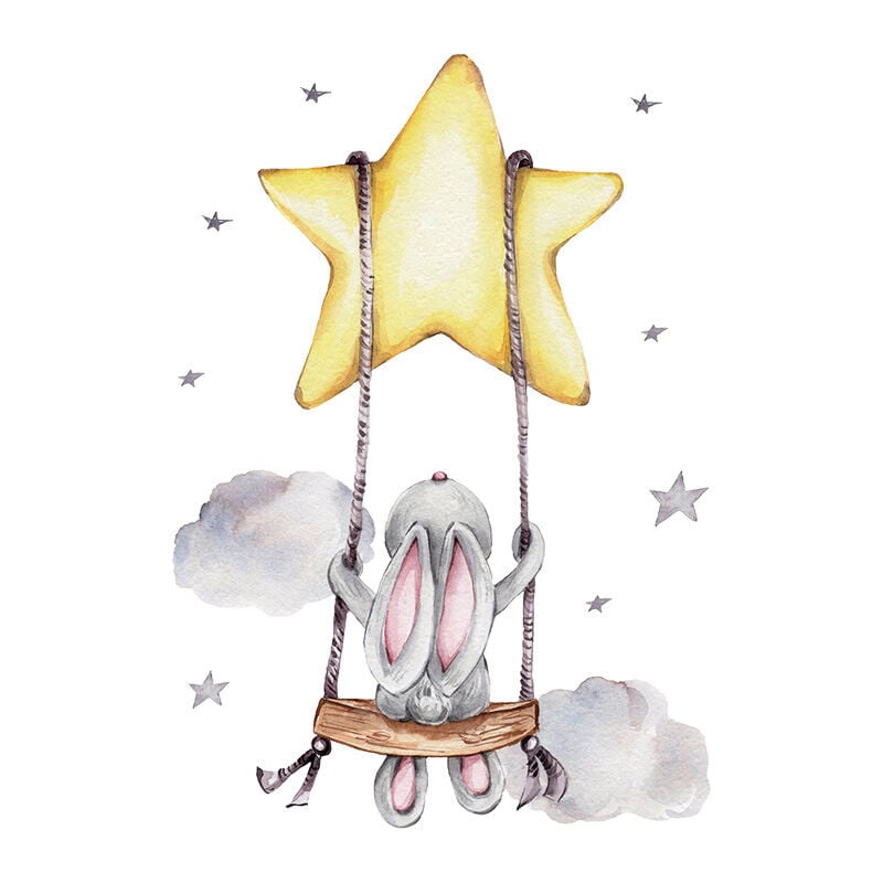 Lapin de dessin animé dormant sur la lune et les étoiles Stickers muraux pour chambre d'enfant décoration de chambre de bébé Stickers muraux