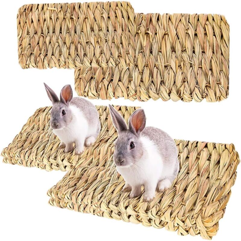 Lapin Lits Mâcher,4 Pcs NaturelleTapis Lapin la Main Herbe Tissée Jouets Mâcher Sûrs Comestibles Lapins Mâchent des Jouets Animaux Tapis Mâcher pour