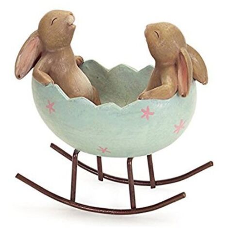 Lapins rieurs se balançant dans un œuf de Pâques, décoration printanière de Pâques, style rustique vintage, statue de lapin (Lapins dans un œuf)