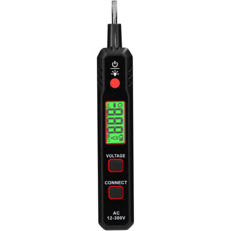 Lápiz comprobador eléctrico con pantalla LCD, comprobador de voltaje AC12-300V, detector de fase/neutro, localizador de rotura de cables, linterna y alarma sonora.