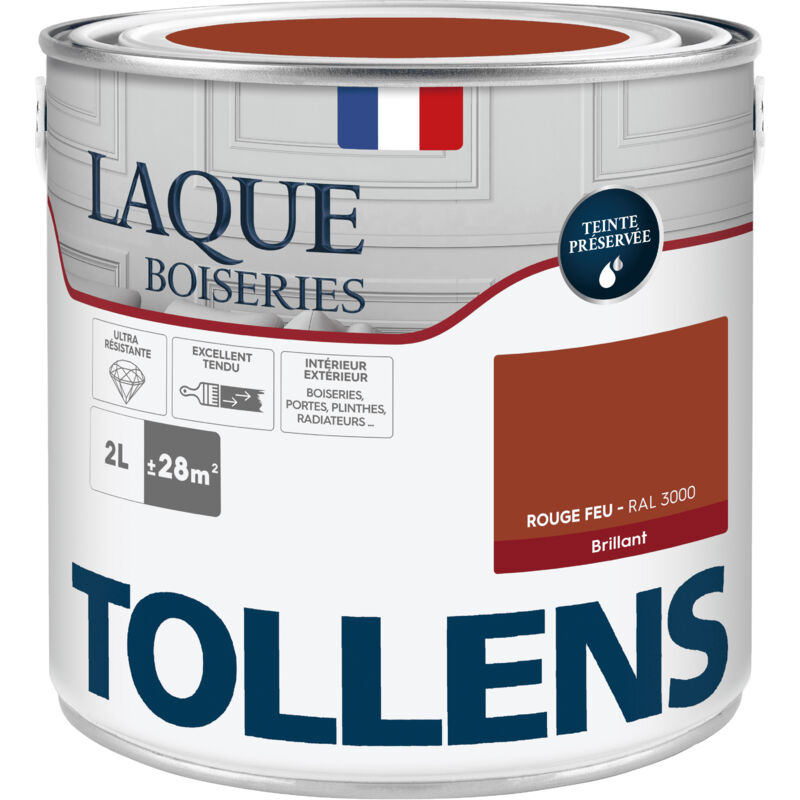 Peinture Laque - Ultra Résistante aux lessivages Tollens Multisupport boiseries, murs, meubles - Brillant - Rouge Feu - 2L = 24m2