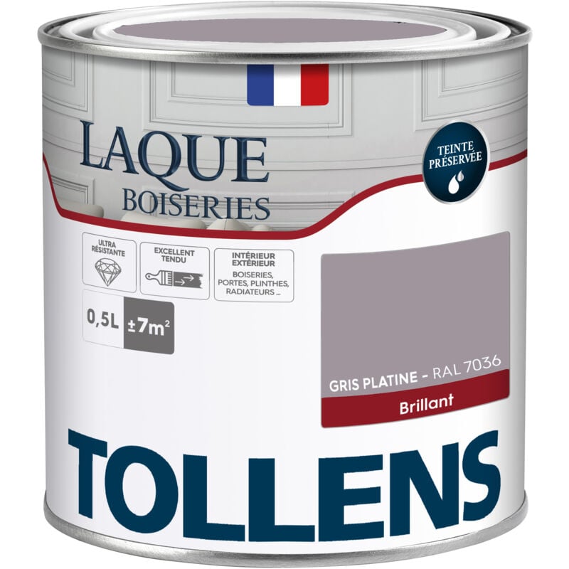 Peinture Laque - Ultra Résistante aux lessivages Tollens Multisupport boiseries, murs, meubles - Brillant - Gris Platine - 0,5L = 7m2