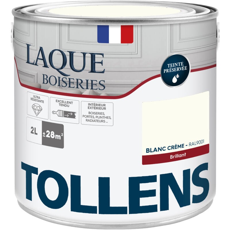 Peinture Laque - Ultra Résistante aux lessivages Tollens Multisupport boiseries, murs, meubles - Brillant - Blanc Crème - 2L = 24m2