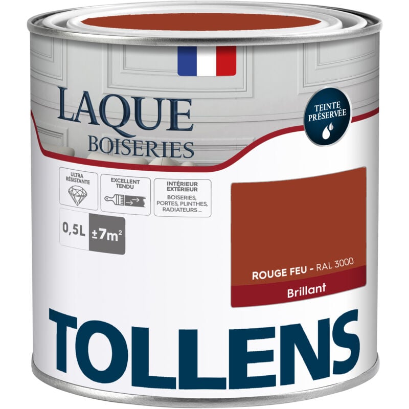 Peinture Laque - Ultra Résistante aux lessivages Tollens Multisupport boiseries, murs, meubles - Brillant - Rouge Feu - 0,5L = 7m2