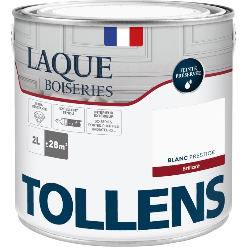 Peinture Laque - Ultra Résistante aux lessivages Tollens Multisupport boiseries, murs, meubles - Brillant - Blanc Prestige - 2L = 24m2
