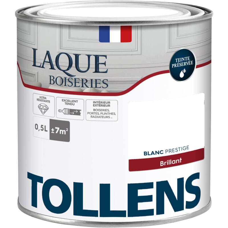 Peinture Laque - Ultra Résistante aux lessivages Tollens Multisupport boiseries, murs, meubles - Brillant - Blanc Prestige - 0,5L = 7m2