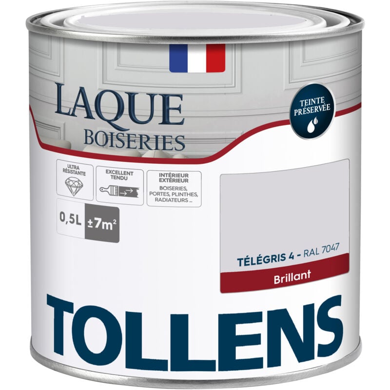 Peinture Laque - Ultra Résistante aux lessivages Tollens Multisupport boiseries, murs, meubles - Brillant - Télégris 4 - 0,5L = 7m2