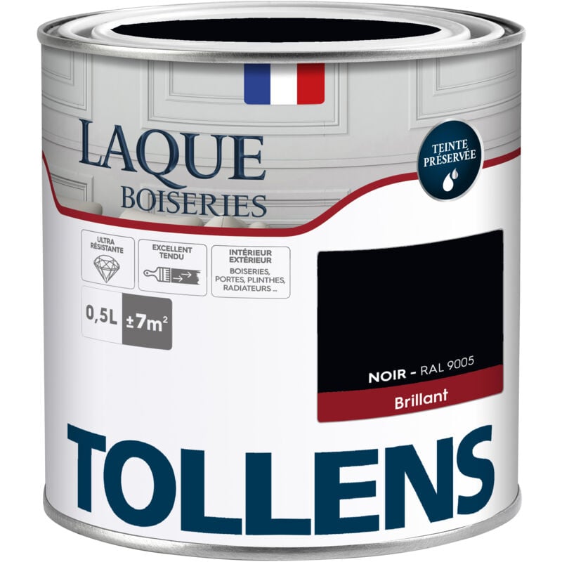Peinture Laque - Ultra Résistante aux lessivages Tollens Multisupport boiseries, murs, meubles - Brillant - Noir - 0,5L = 7m2