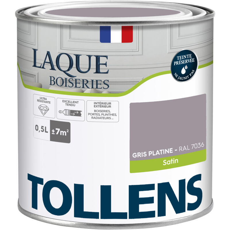 Peinture Laque - Ultra Résistante aux lessivages Tollens Multisupport boiseries, murs, meubles - Satin - Gris Platine - 0,5L = 7m2