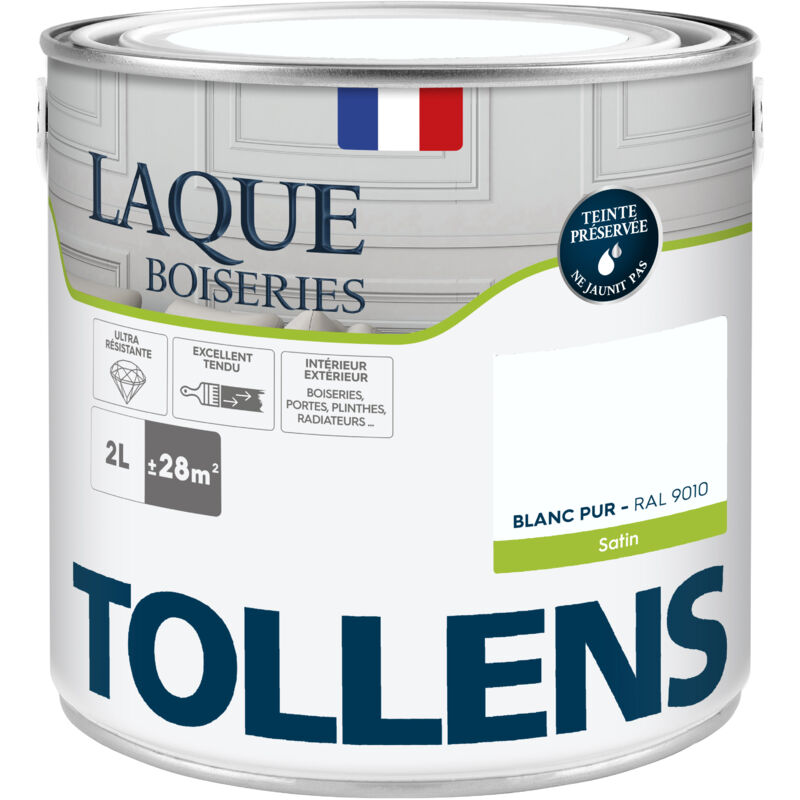 Peinture Laque - Ultra Résistante aux lessivages Tollens Multisupport boiseries, murs, meubles - Satin - Blanc Pur - 2L = 24m2
