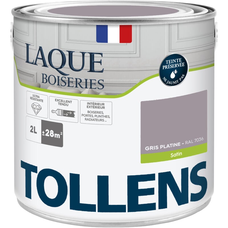 Peinture Laque - Ultra Résistante aux lessivages Tollens Multisupport boiseries, murs, meubles - Satin - Gris Platine - 2L = 24m2