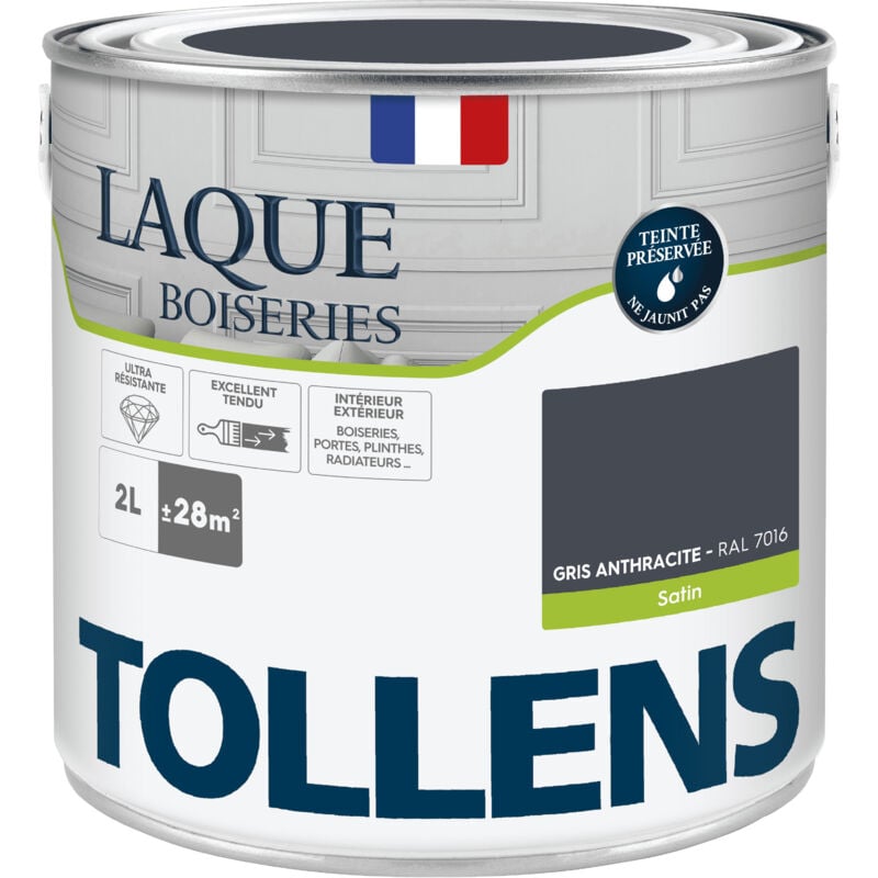 Peinture Laque - Ultra Résistante aux lessivages Tollens Multisupport boiseries, murs, meubles - Satin - Gris Anthracite - 2L = 24m2