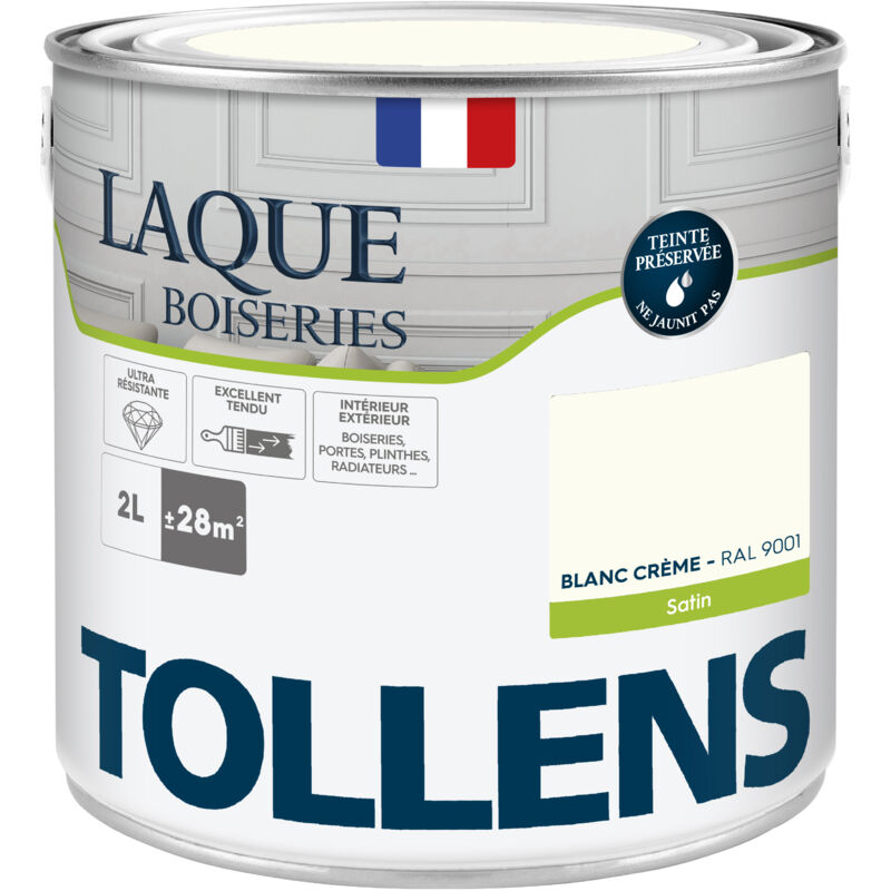 Peinture Laque - Ultra Résistante aux lessivages Tollens Multisupport boiseries, murs, meubles - Satin - Blanc Crème - 2L = 24m2
