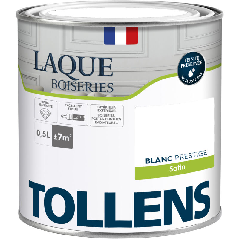 Peinture Laque - Ultra Résistante aux lessivages Tollens Multisupport boiseries, murs, meubles - Satin - Blanc Prestige - 0,5L = 7m2