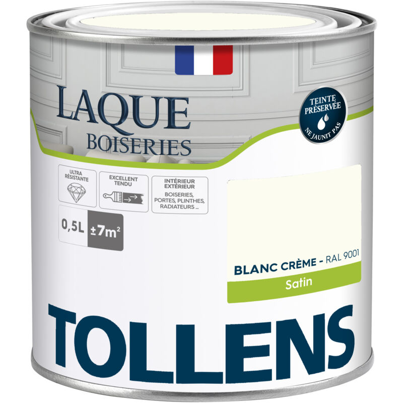 Peinture Laque - Ultra Résistante aux lessivages Tollens Multisupport boiseries, murs, meubles - Satin - Blanc Crème - 0,5L = 7m2