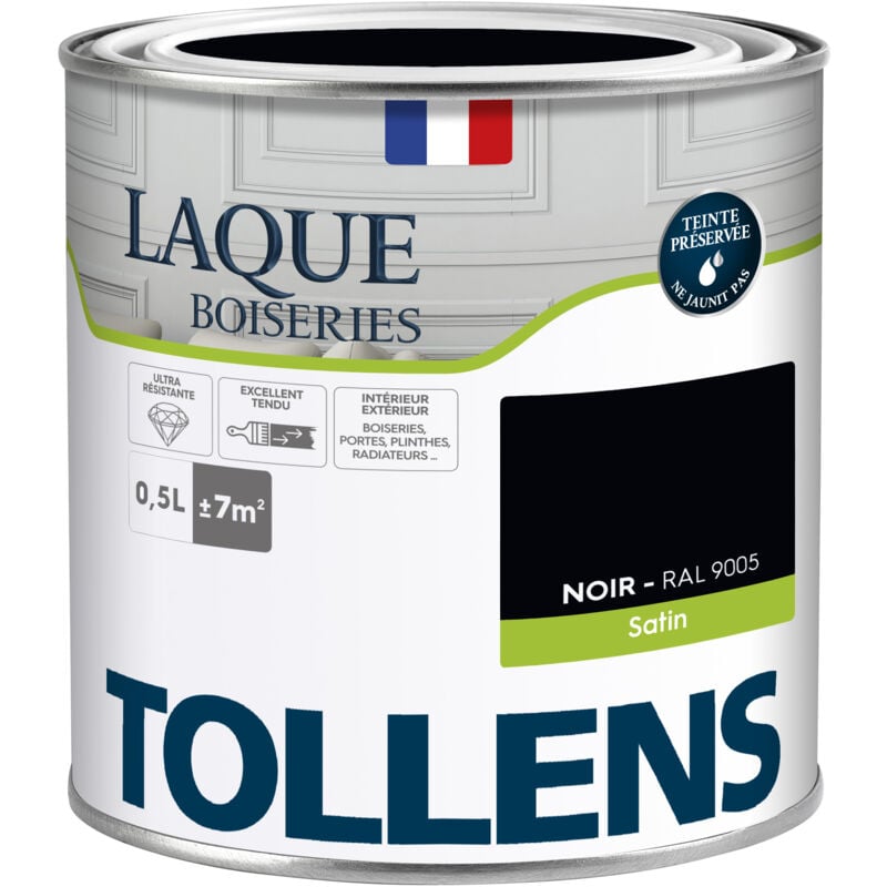 Peinture Laque - Ultra Résistante aux lessivages Tollens Multisupport boiseries, murs, meubles - Satin - Noir - 0,5L = 7m2