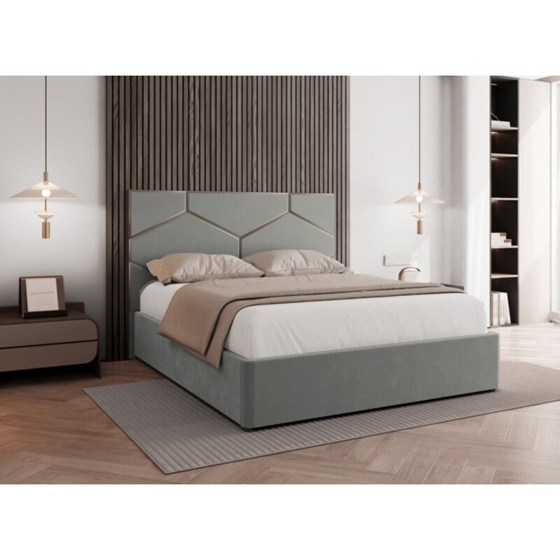 Deco In Paris - lara - Lit coffre avec tête de lit design en velours gris lara 140 x 190 cm