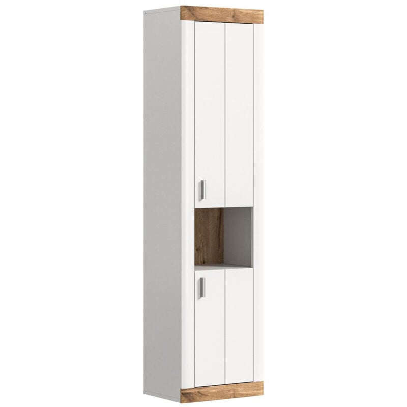 Ebuy24 - Laredo armoire haute pour salle de bain accroché au mur 2 portes, 1 tablette mat blanc,chêne décor,blanc.