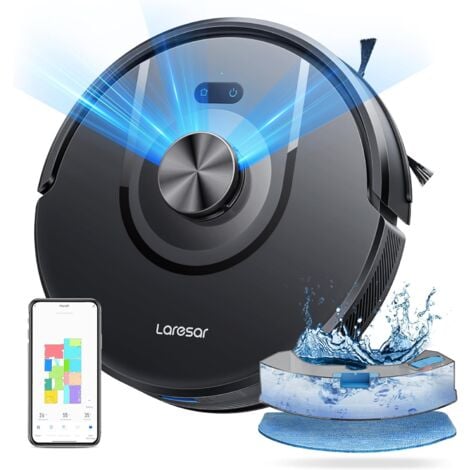 Laresar Aspirateur Robot Laveur, 5000Pa 3 en 1 Robot Aspirateur Navigation Lidar 360°, 5 Carte Sauvegardable, Convient aux Poils d'animaux/Tapis/Sols, Contrôle App/Alexa, Noir