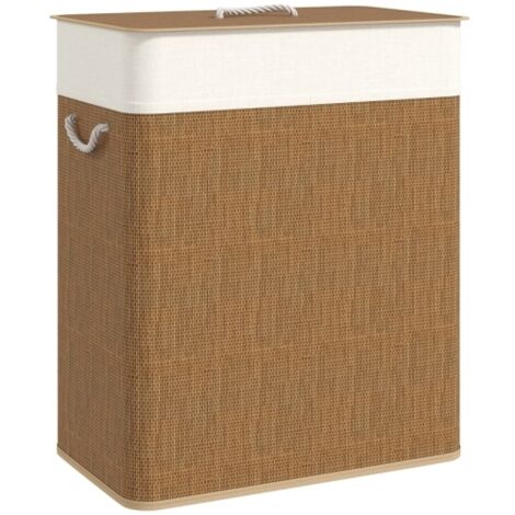 Large 100L Bamboo Double Laundry Basket with Lid and Rope Handles, Removable Liner for Bedroom and Bathroom Organization, Brown