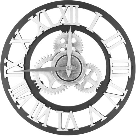 Large 3D Retro Wall Clock 34CM Vintage Wooden Gear Wall Clock Numerals Industrial Style Clocks for Home Living Room Decoration Silver