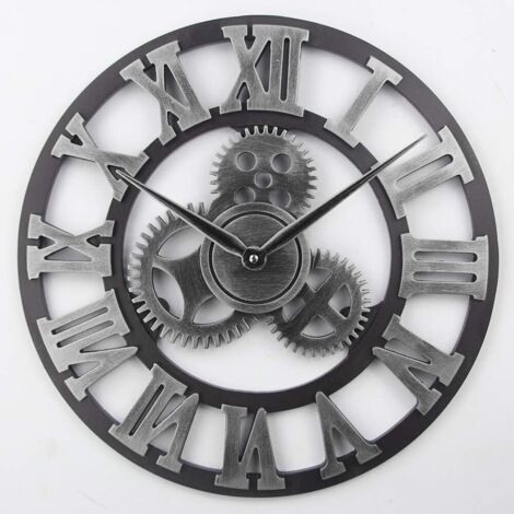 Large 3D Retro Wall Clock, Silent Non-Ticking Wooden Gear Wall Clock Rustic Vintage Quartz Clocks for Home Living Room Decoration (Silver-Roman Numbers, 45cm)